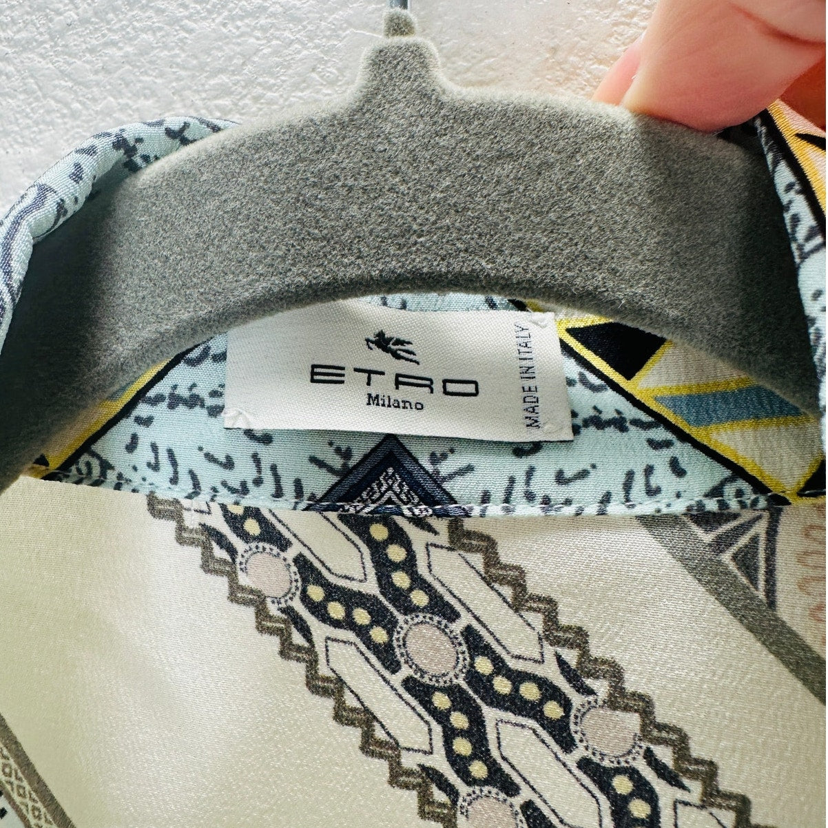 ETRO Pastel Cream Blue Multi Geometric Print Button Collar Silk Blouse  46 / L
