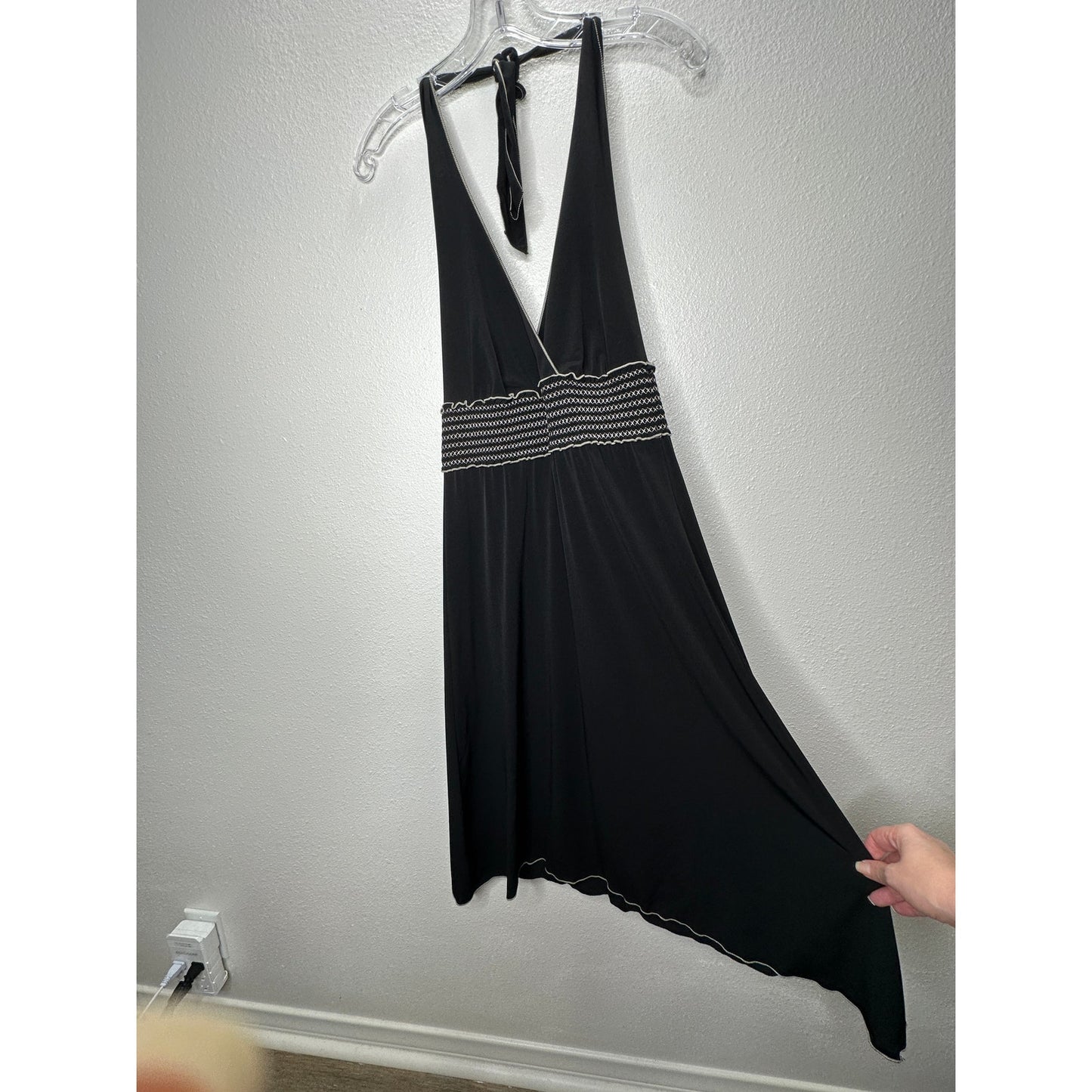 Studio M Black Halter Style Open Back White Smocked Sleeveless Dress S
