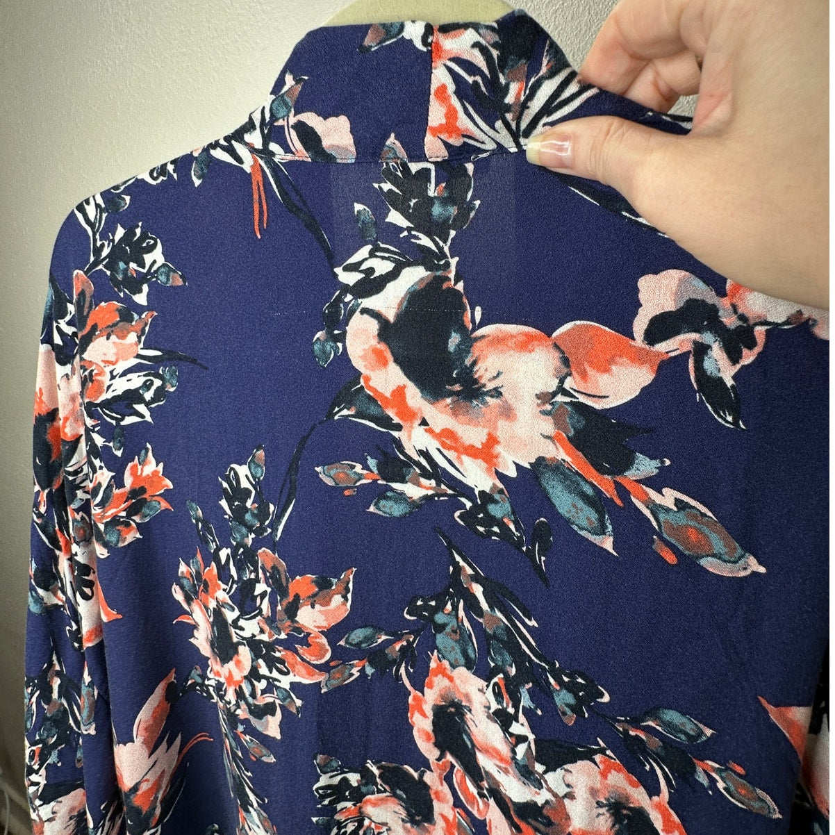 Splendid Navy Orange Ivory Multi Floral Short Sleeve Kimono Duster S