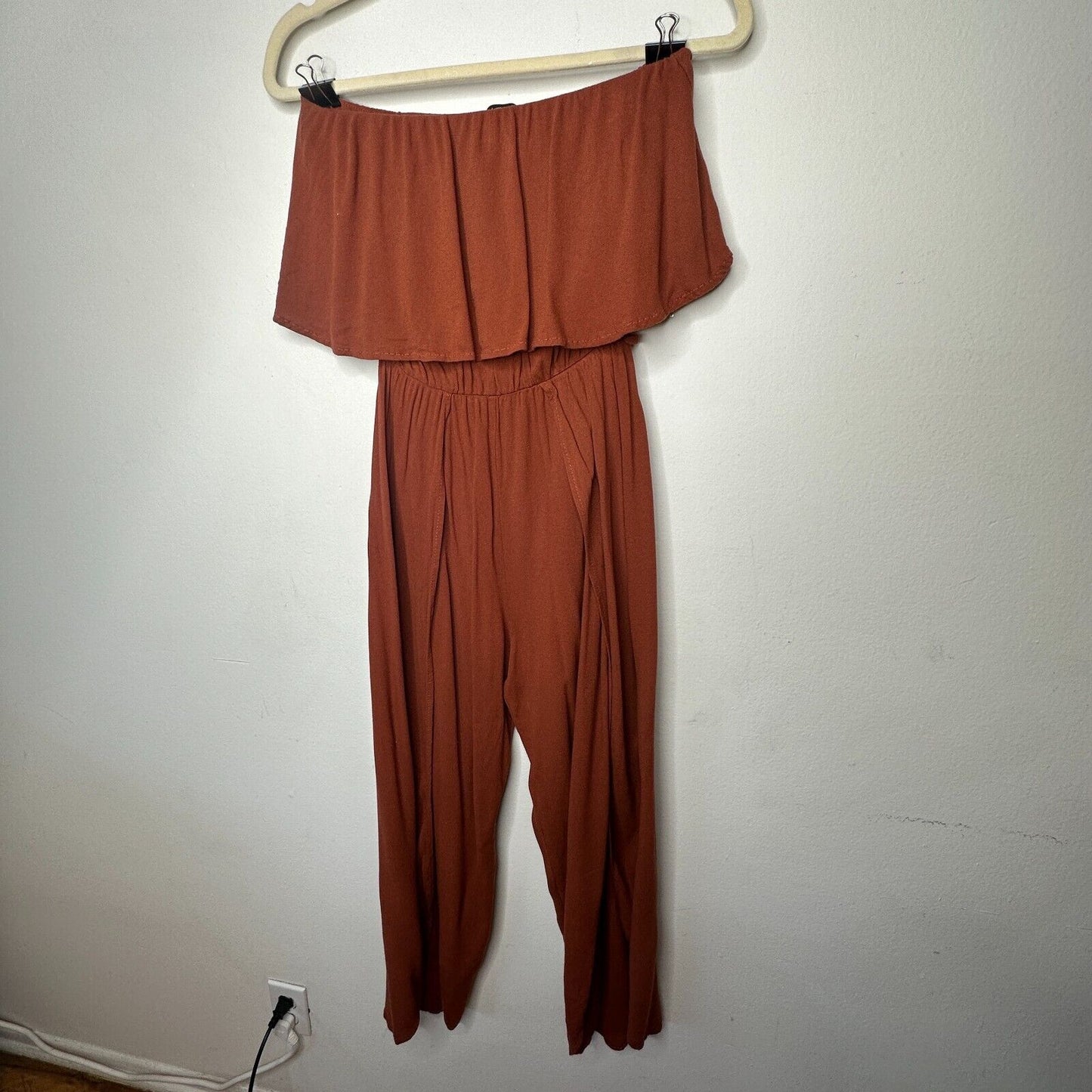 Angl Rust Bronze Brown Bandeau Ruffle Off-Shoulder Harem Slit Pant Jumpsuit SM