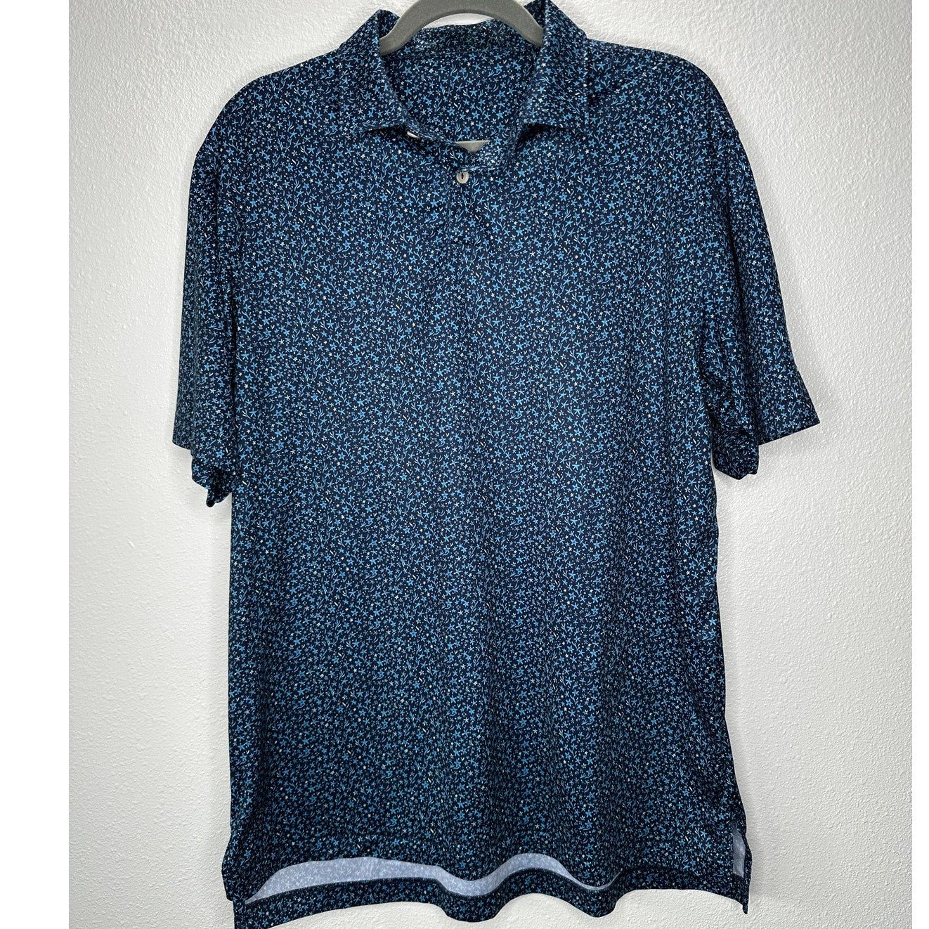 Black with Blue Ocean Starfish Print Polo Golf Shirt Short Sleeve Large