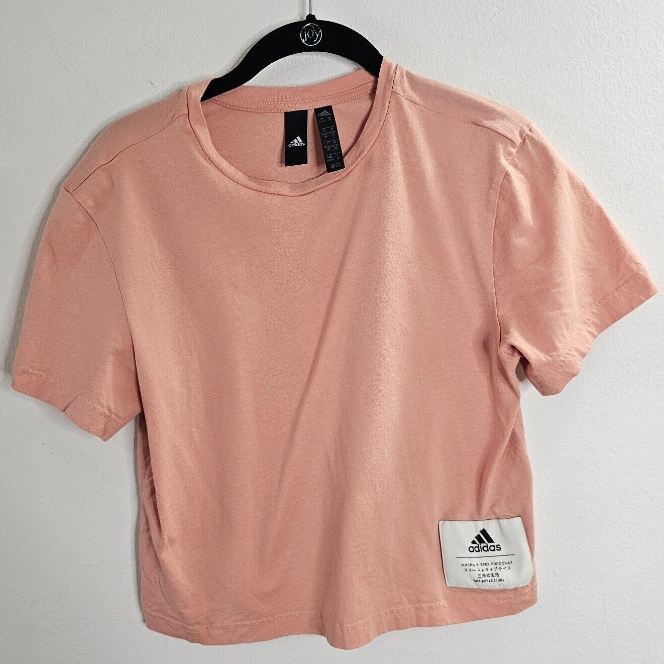 Adidas Peach Three-Stripe Life Boyfriend Short Sleeve Crew Neck Cropped Tee XS