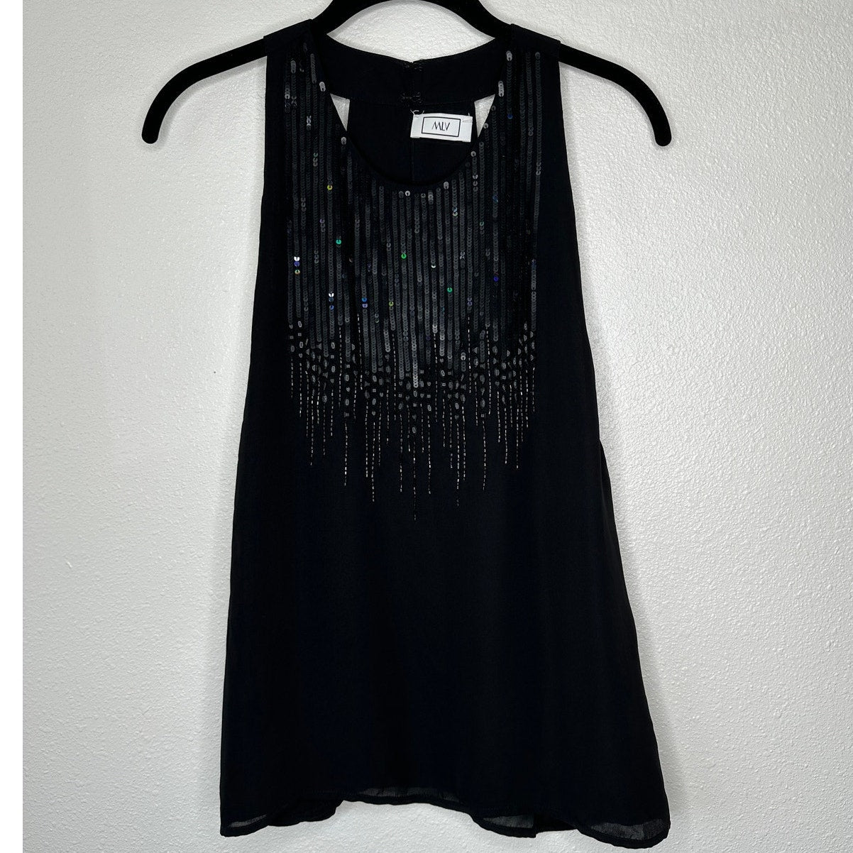 MLV Black Sequin & Beads Round Neck Sleeveless Keyhole Back Tank Blouse M