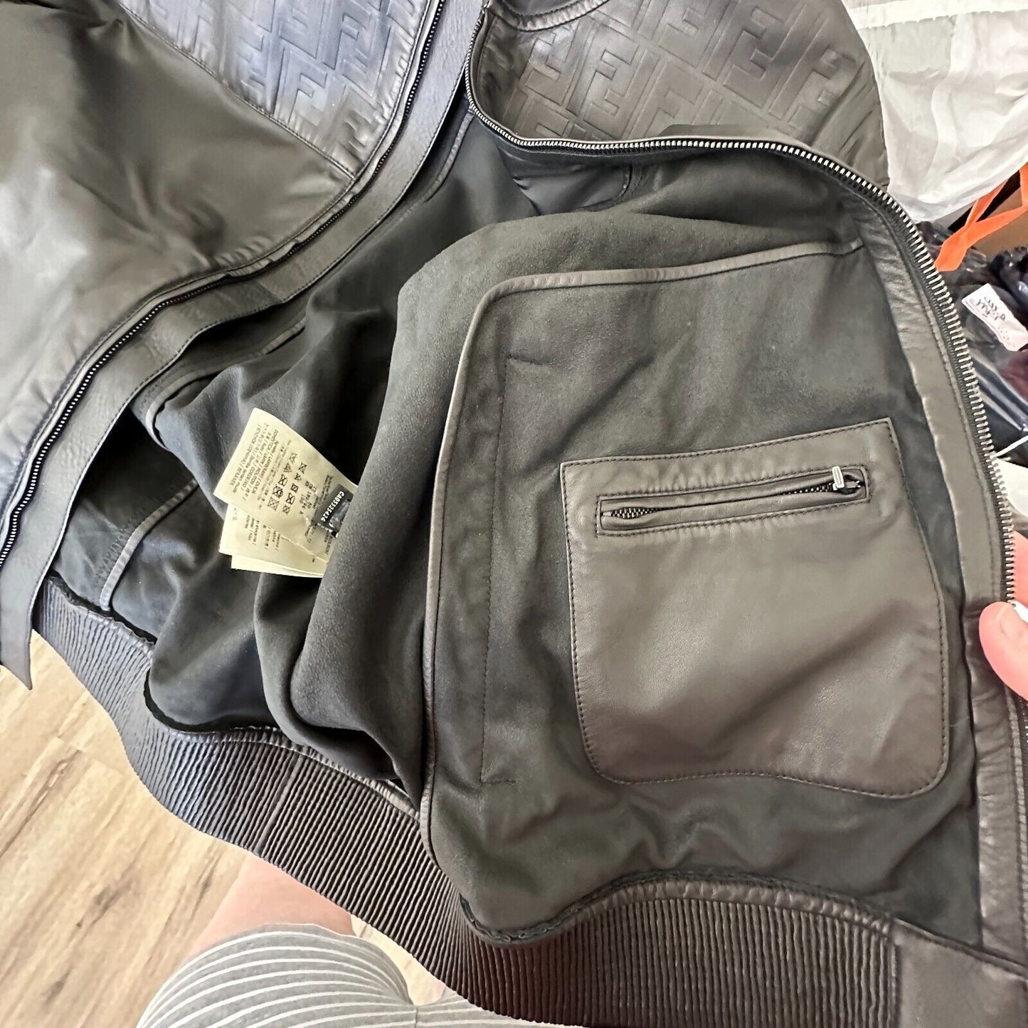 Fendi Black Soft Leather Fendi Embossed Monogram Front Long Sleeve Hooded Jacket