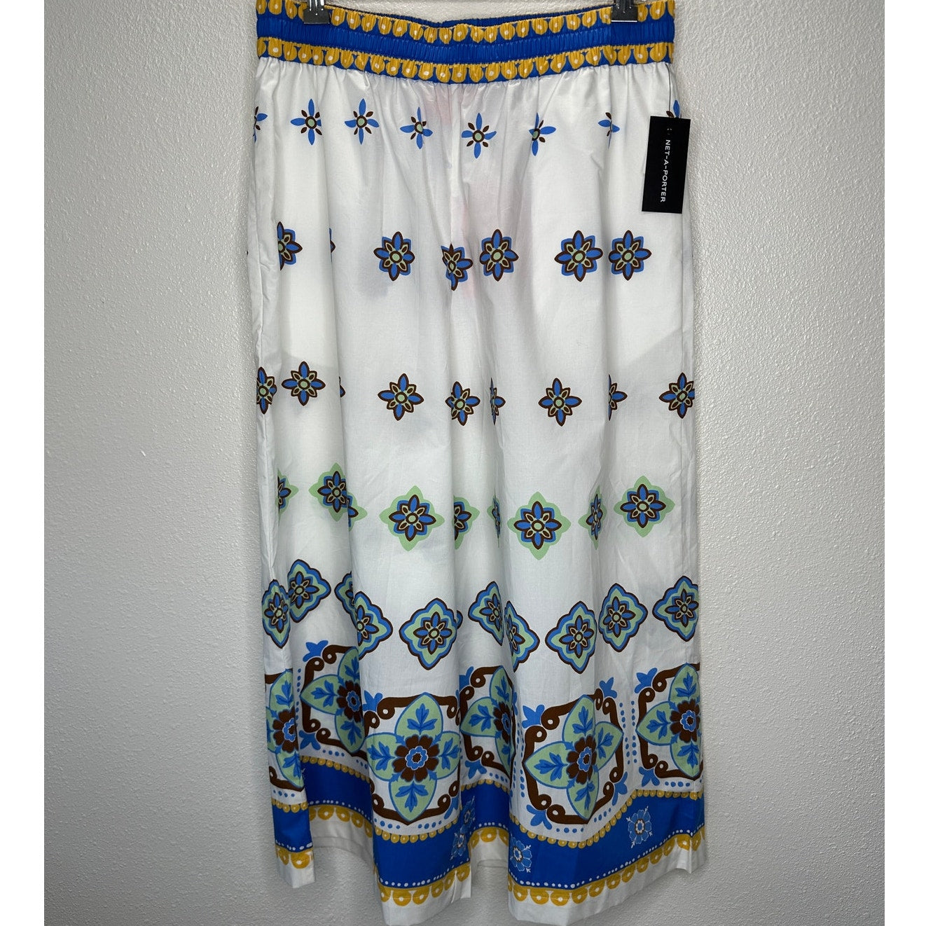NWT La DoubleJ White Blue Printed Cropped Cotton-Poplin Wide Leg Crop Pant L