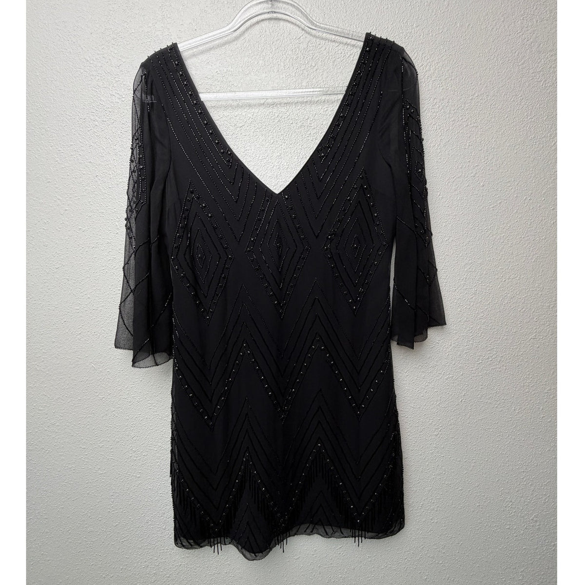 Alice + Olivia Black Beaded V Neck Mini Dress Women US 4