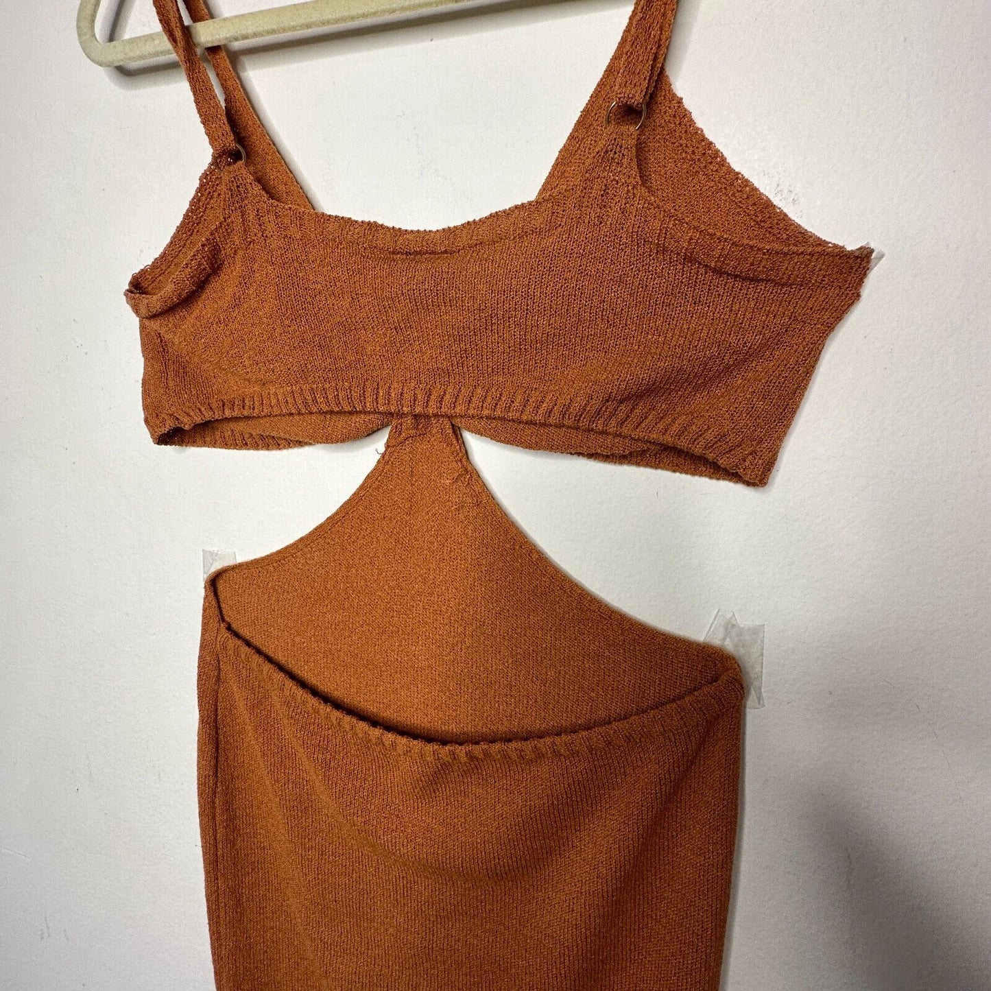 Blanc Clothing Sexy Camel Cut-Out Front Knot Spaghetti Strap Knit Maxi Dress L