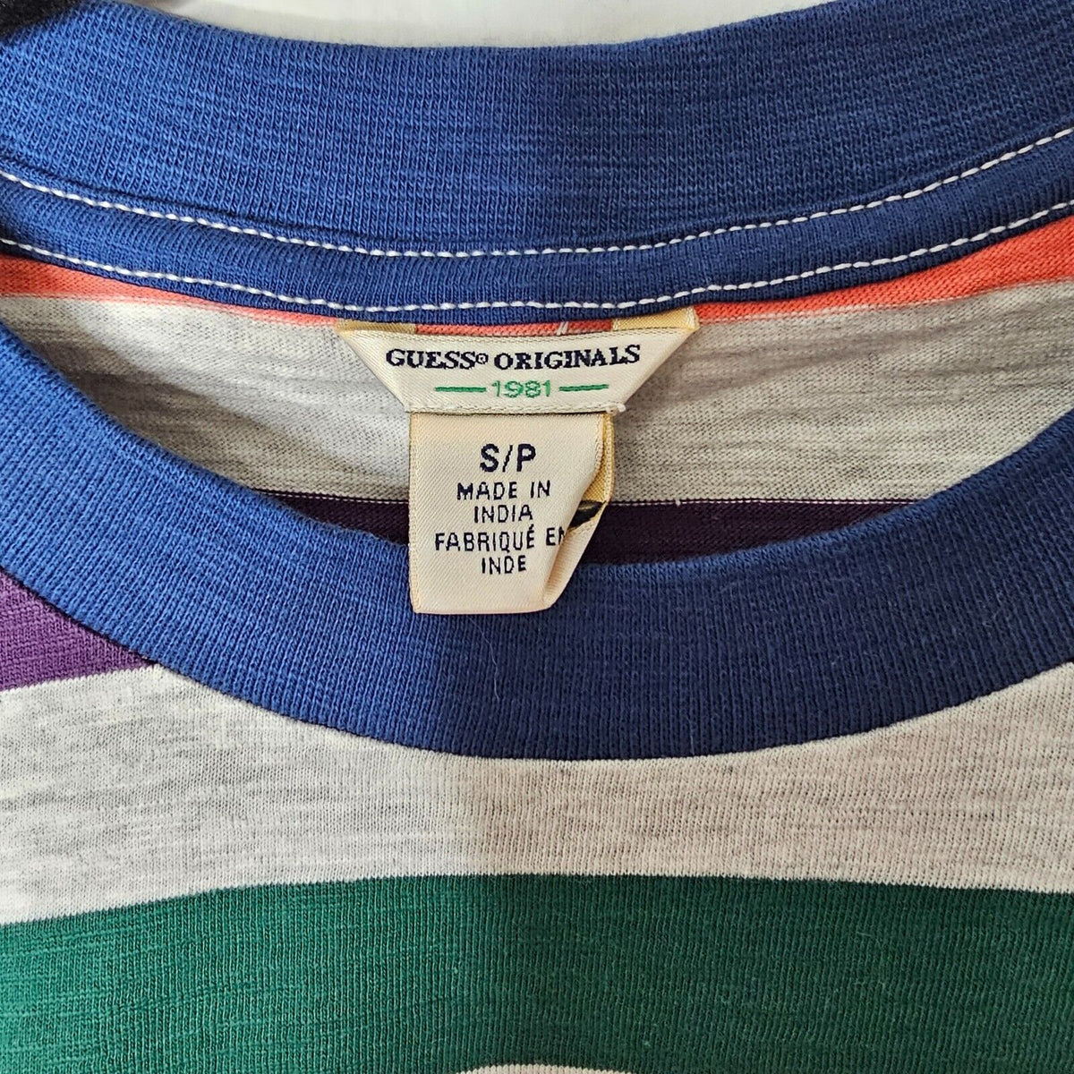 Guess Originals 1981 Gray Multi-Color Stripe Short Sleeve Crop Guess Logo SP
