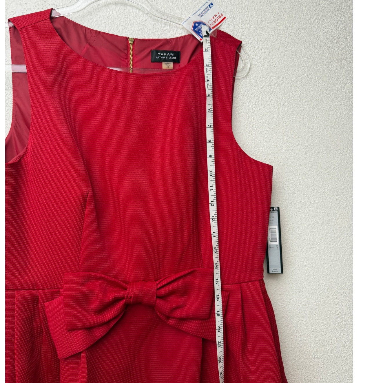 NWT Tahari Red Bow Pleated Sleeveless Dress Size 14