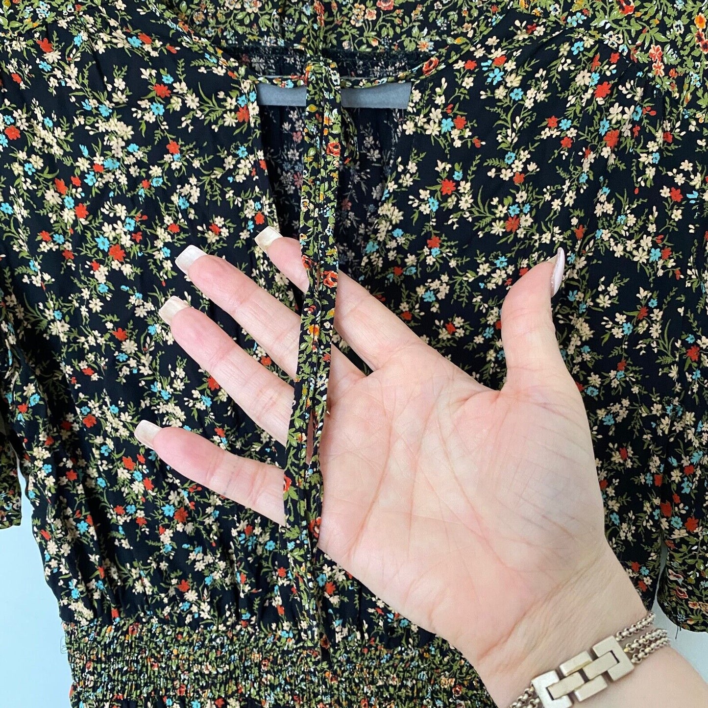 Zara Peasant Boho Black Multi Floral Tiered Ruffle Mini Sundress Tie Front Small