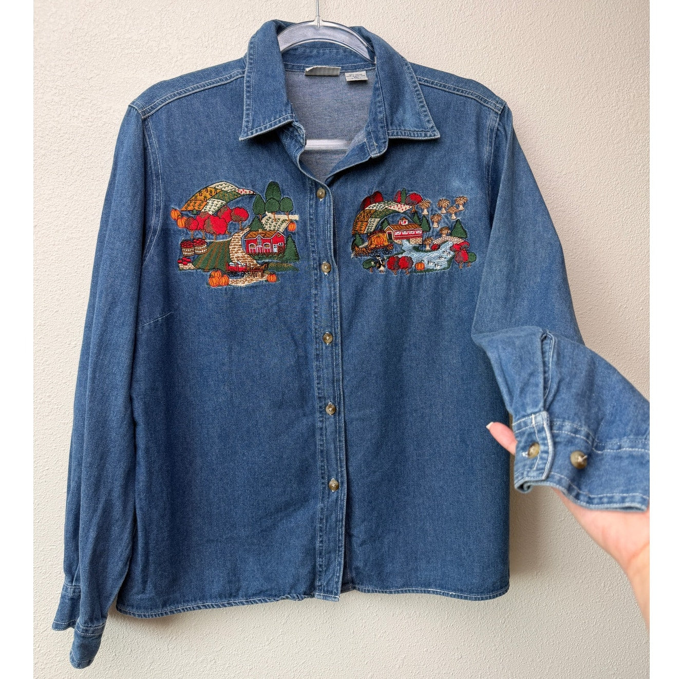 Vintage Cabin Creek Embroidered Denim Shirt Women Size PL