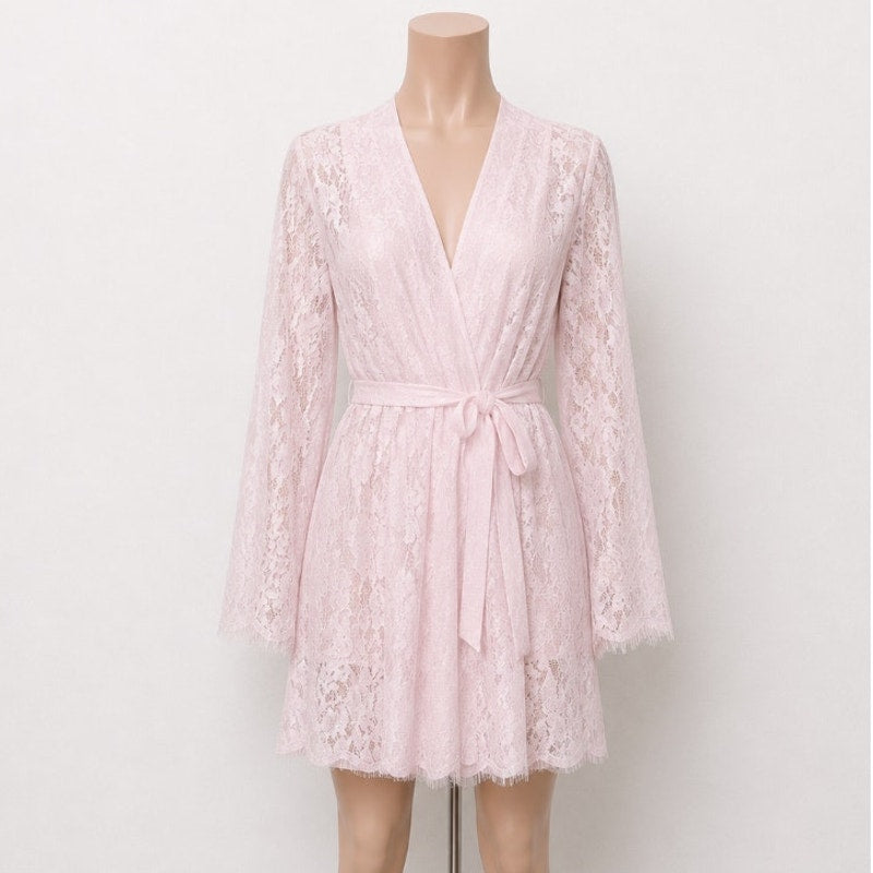 Marjorelle Pale Pink Lace Long Sleeve Tie Waist Kimono Wrap Mini Dress Robe M