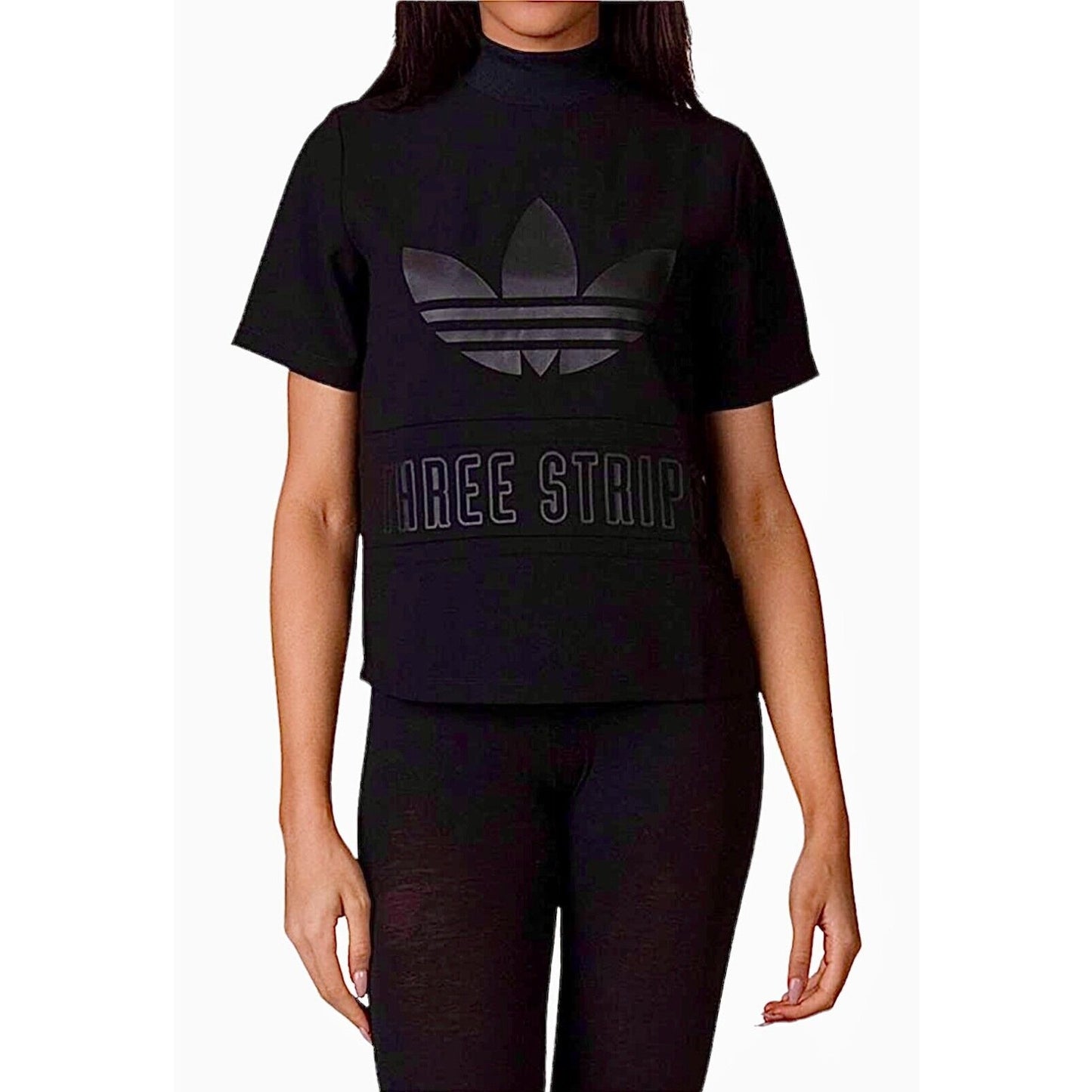 Adidas Black Trefoil Three Stripe Graphic Mock Neck Back Zip Short Sleeve Top S