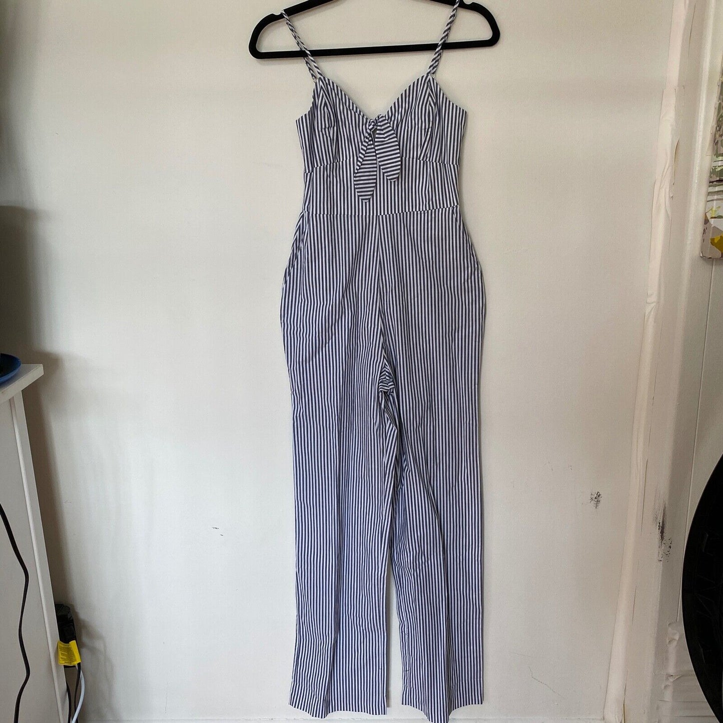 WAYF Massa Front Tie-Knot Pockets Blue White Pin Striped Jumpsuit Romper XS