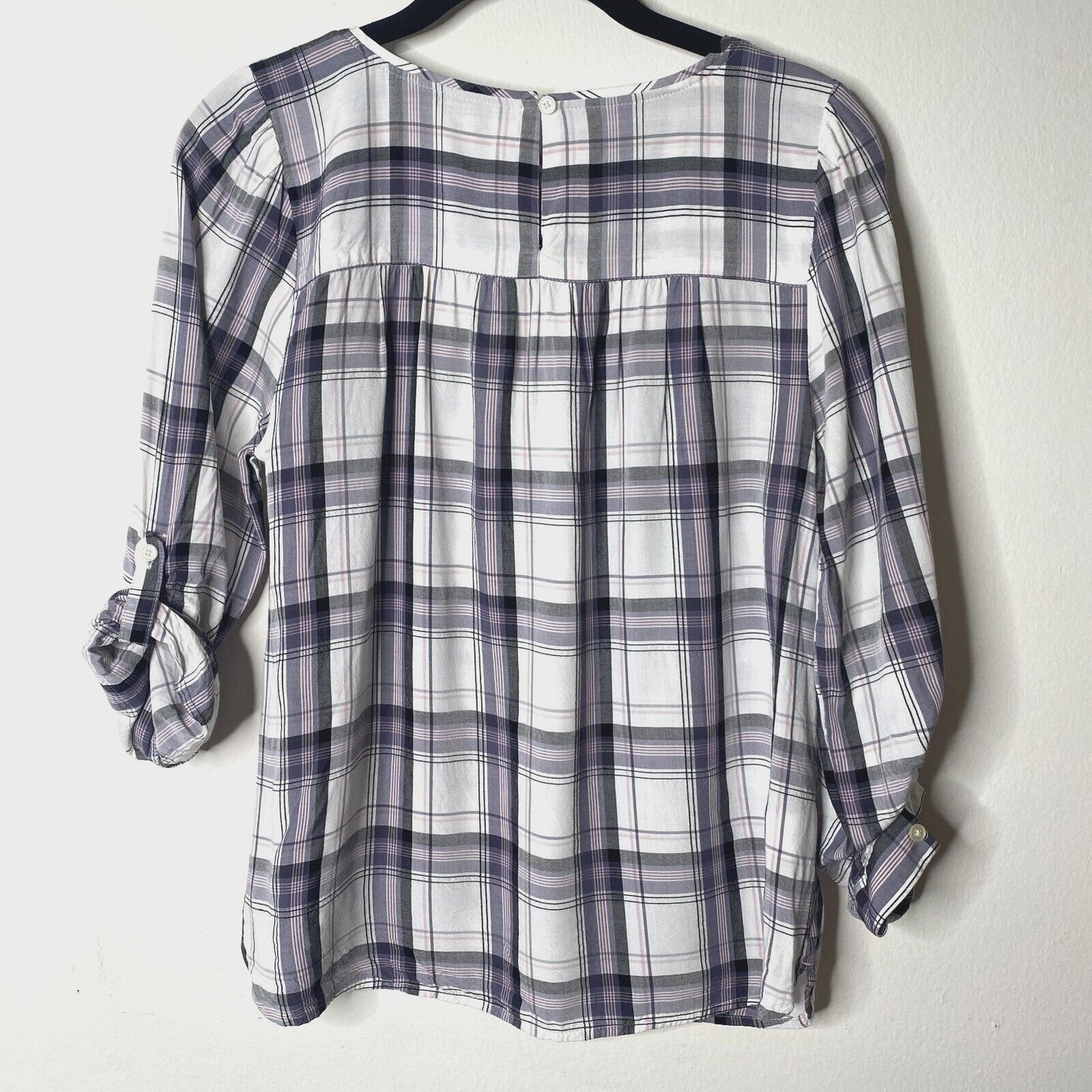 Loft Lavender Plaid Flowy Roll-Tab Sleeve Shirred Back Keyhole Button Blouse SP