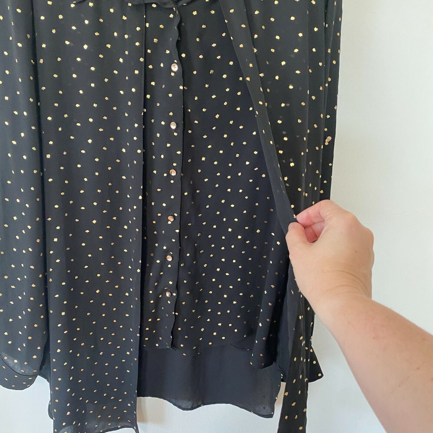 Cartise Black and Gold Polka Dot Button Down Shirt Sheer Front Overlay Panel 14