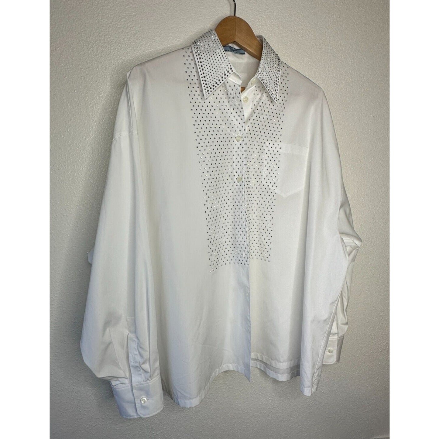 Prada White Long Sleeve Front Button Rhinestone Encrusted Collar & Front Shirt