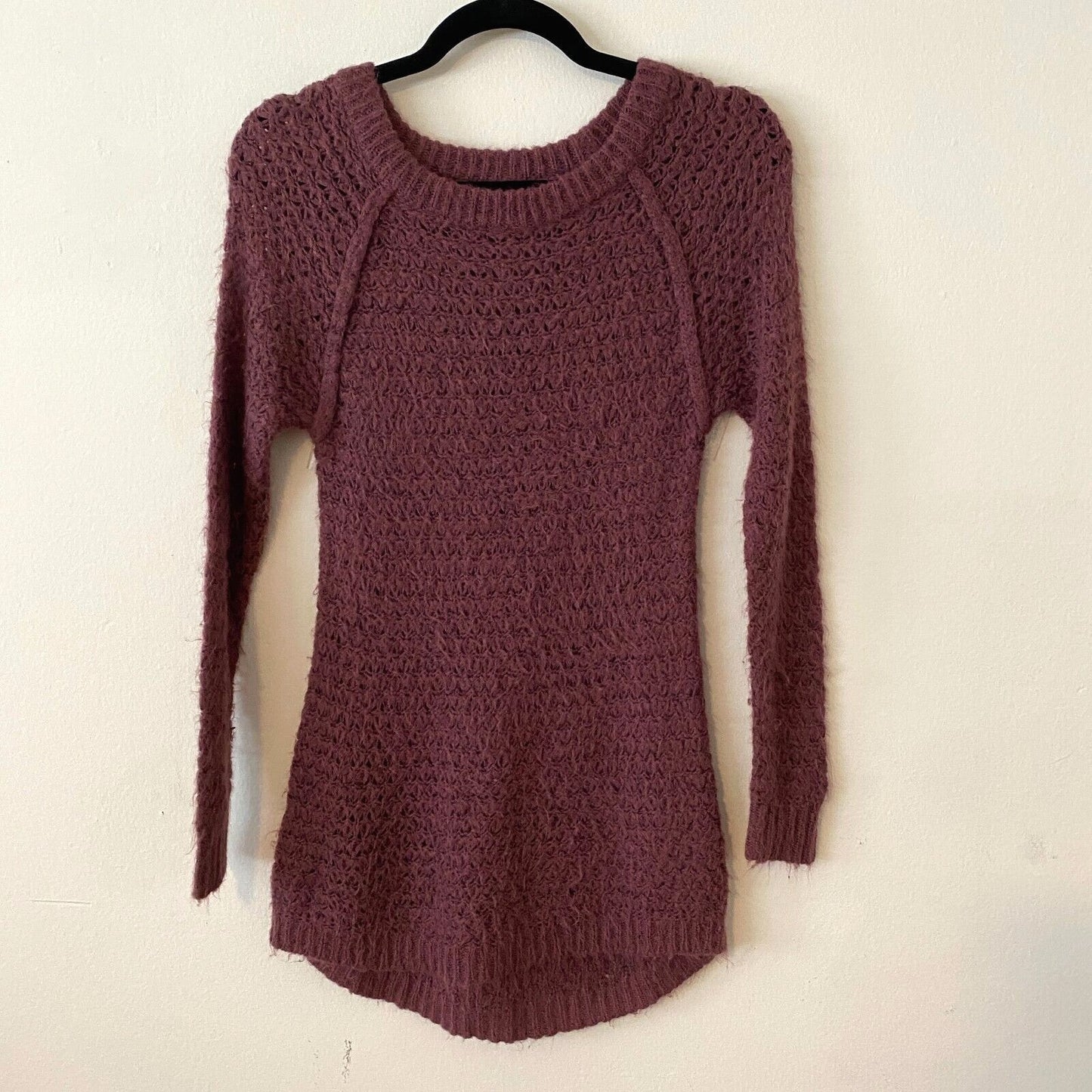 Frenchi Eggplant Soft Plum Fuzzy Loose-Knit Long Sleeve Round Neck Sweater XS