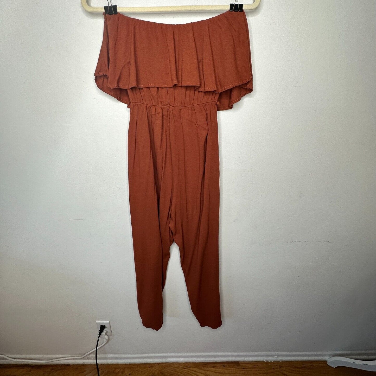 Angl Rust Bronze Brown Bandeau Ruffle Off-Shoulder Harem Slit Pant Jumpsuit SM