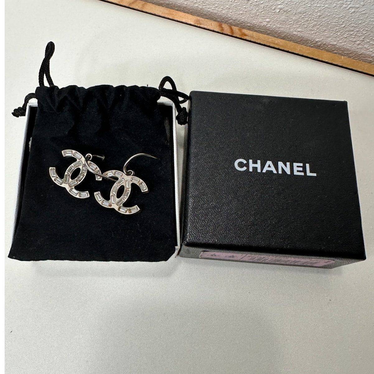 Chanel Baguette Stone Logo Silver Earrings Boucles Oreille Crystal