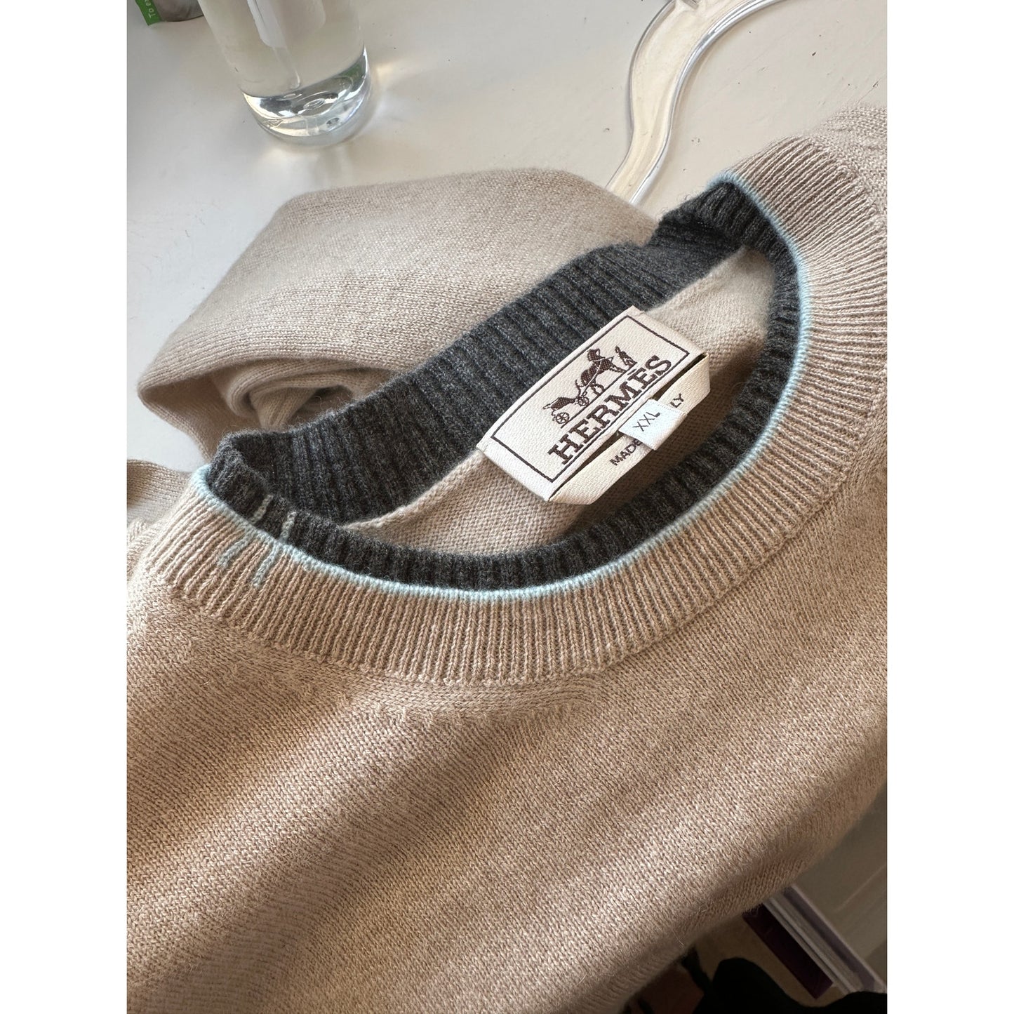 Hermes 100% Cashmere Crewneck Sweater Beige Men’s 2XL Made in Italy