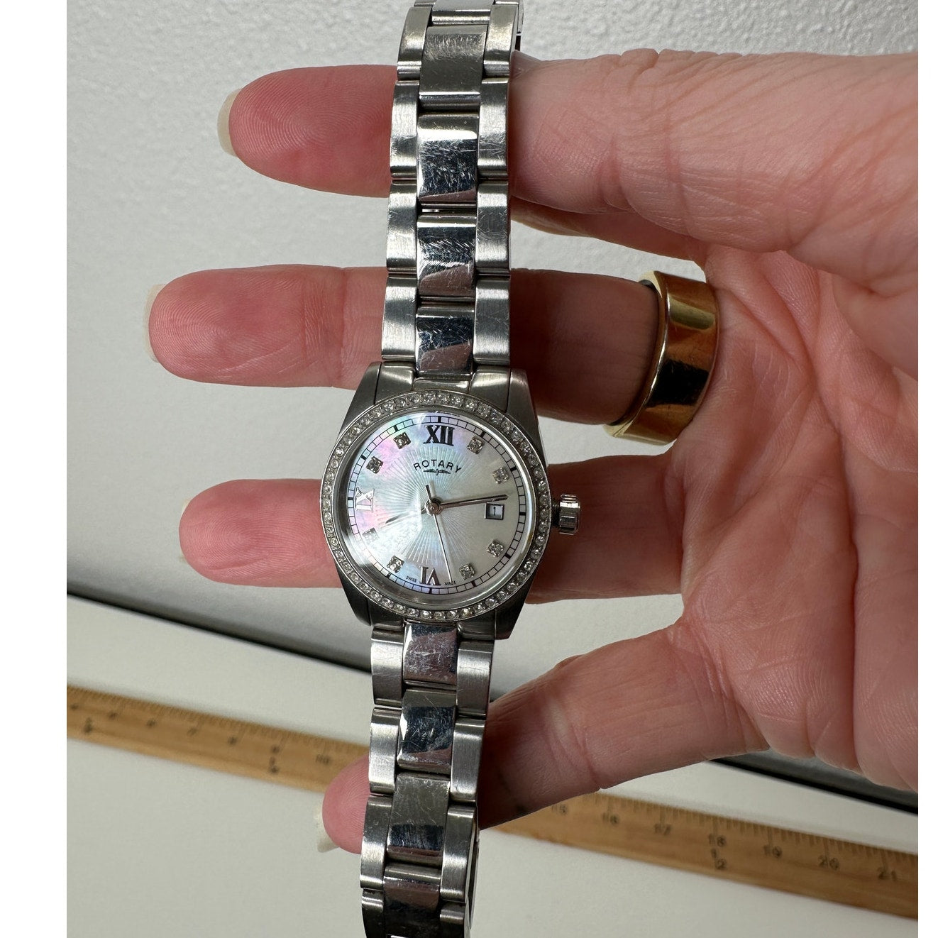 Rotary Havana Silver Diamond Bezel Pearl Face Quartz Watch