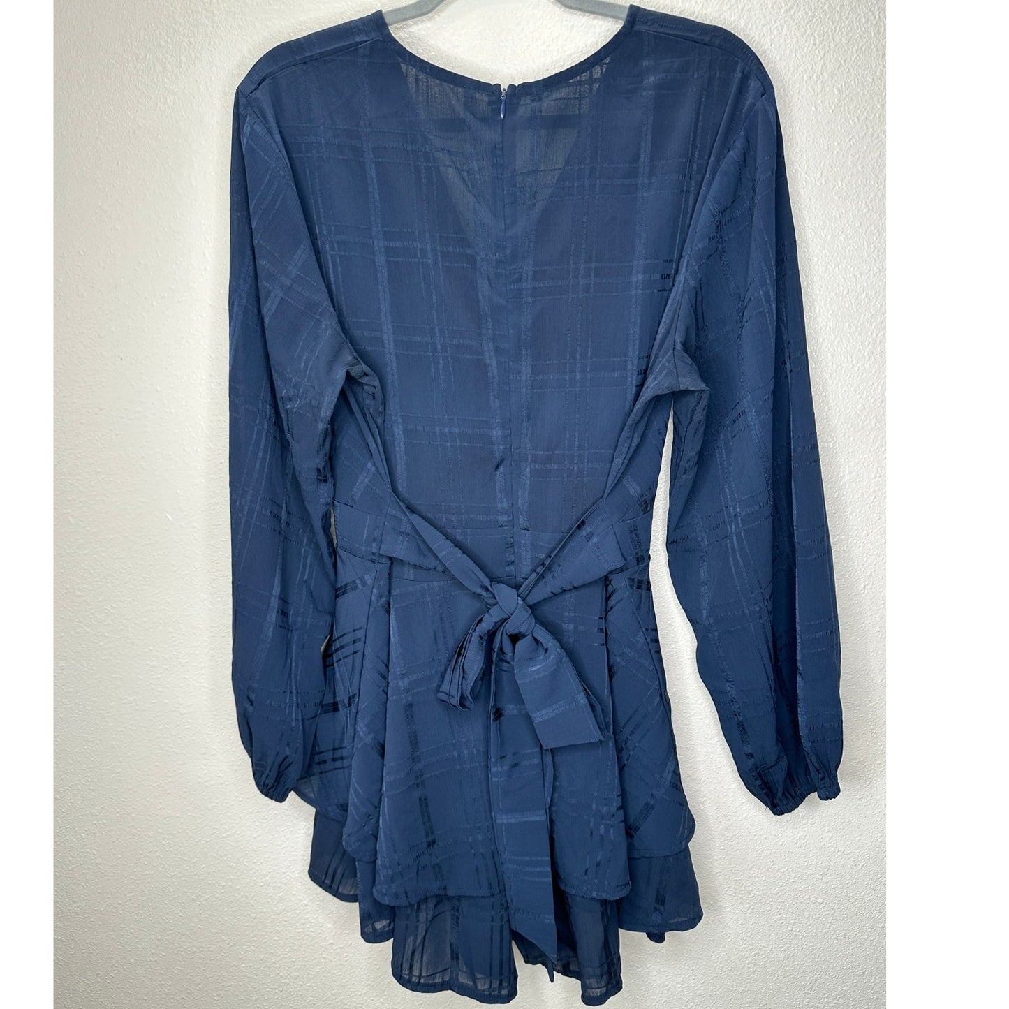 Navy Fit & Flare Sheer Plaid Faux Wrap V-Neck Romper Tie Waist XL