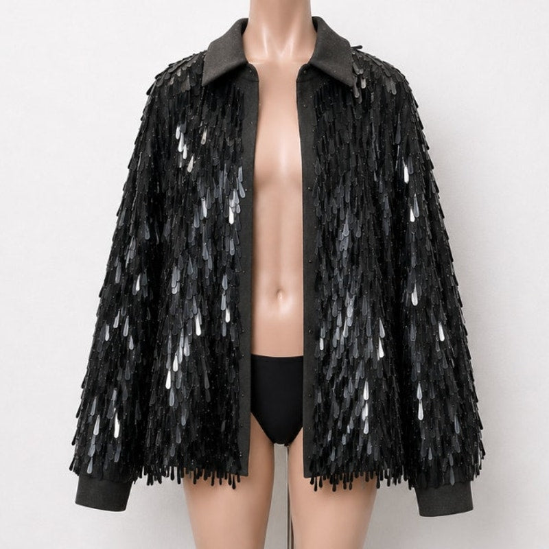 Valentino Garavani Black Sequin Fringe Shirt Jacket Medium