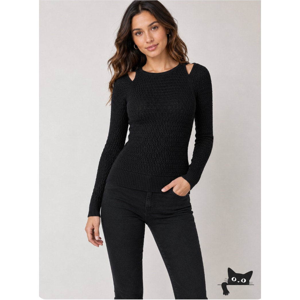 Bebe Black Shimmer Cold Shoulder Knit Sweater Women's Medium