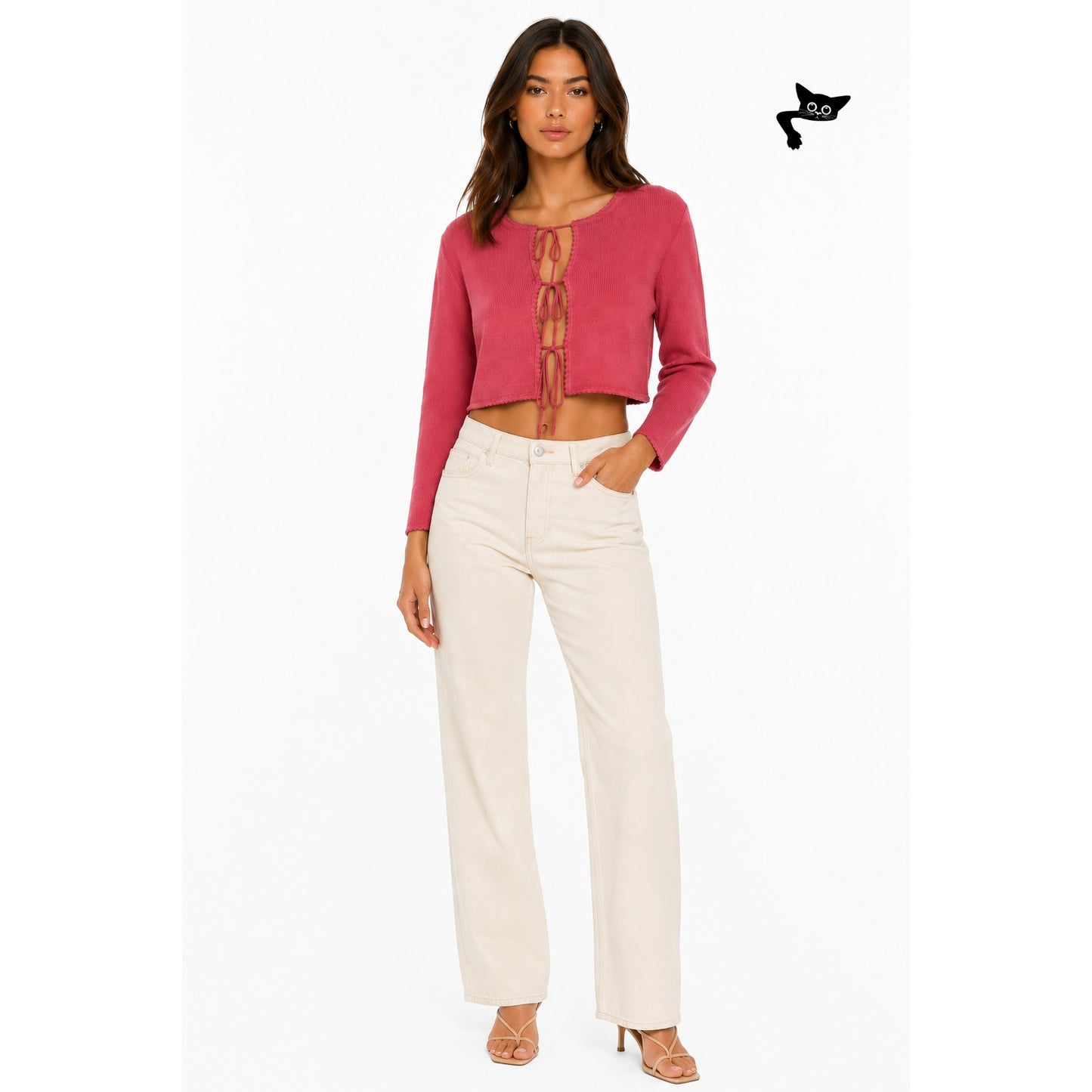 Jenny Walton Pink Scalloped Tie Front Cropped Cardigan Size L