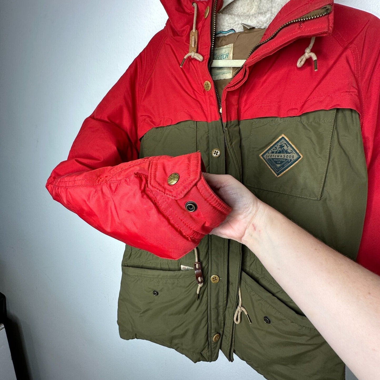Scotch & Soda Olive Green & Red Front Zip Button Hooded Heavyweight Jacket M