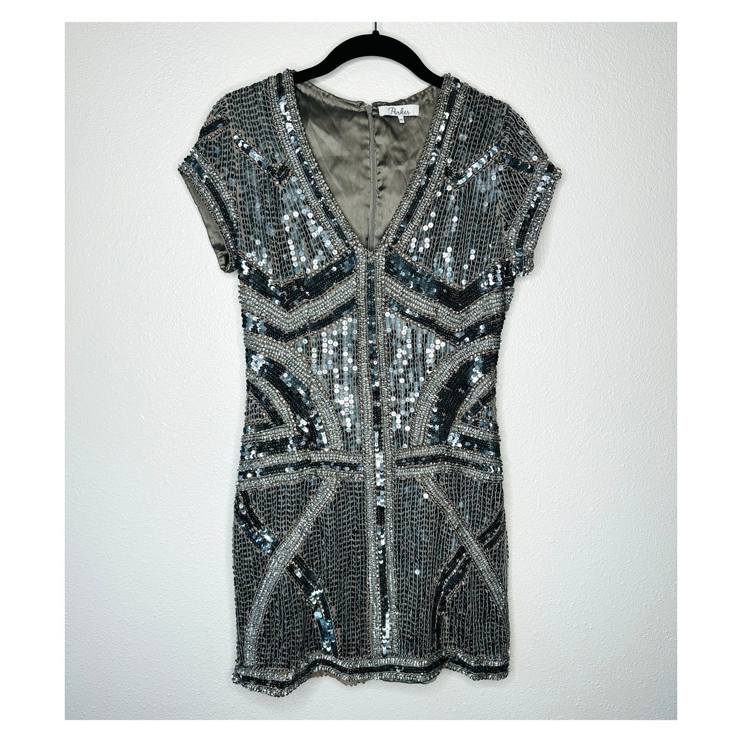 Parker Gray Silver & Rose Gold Sequin Aztec Print V-Neck Cap Sleeve Mini Dress S
