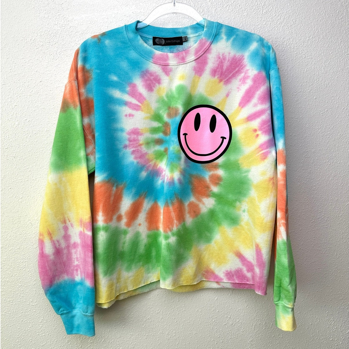 John Eshaya JET Pastel Rainbow Tie-Dye Smiley Face Sweatshirt Long Sleeve (M/L)