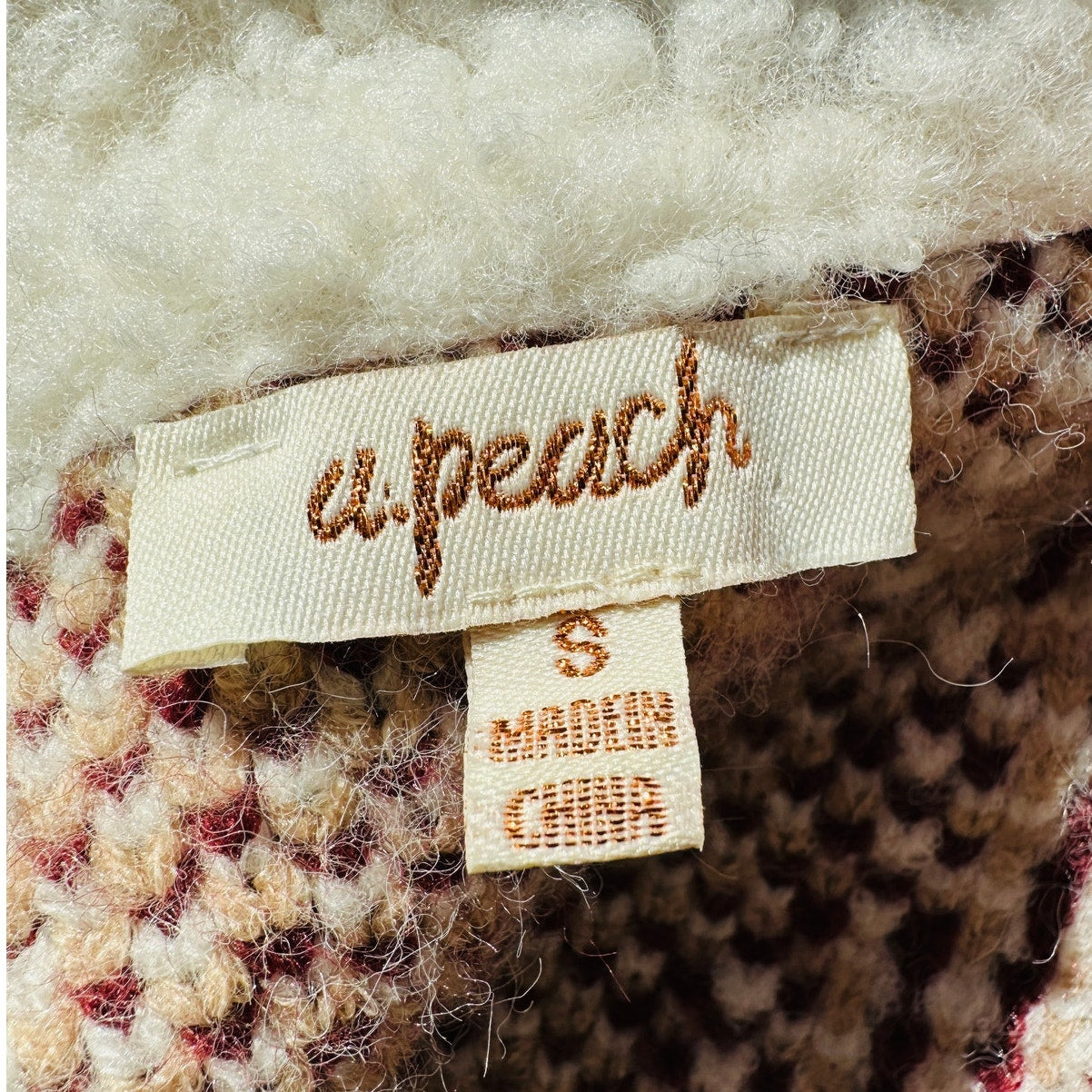 a. peach Tan Ivory Burgundy Southwest Print Button Collared Sweater Jacket S