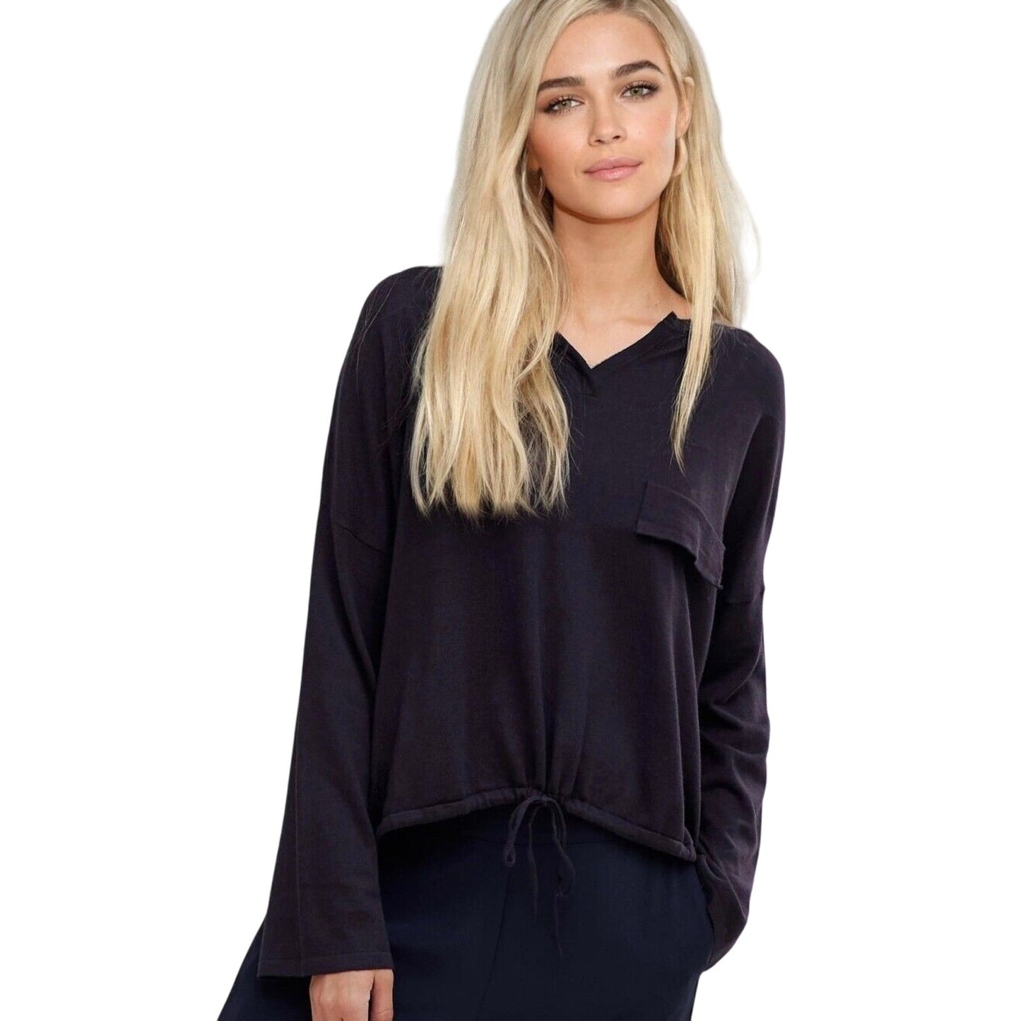 French Connection Drawstring Hem Silk Blend Long Sleeve VNeck Navy Sweater L