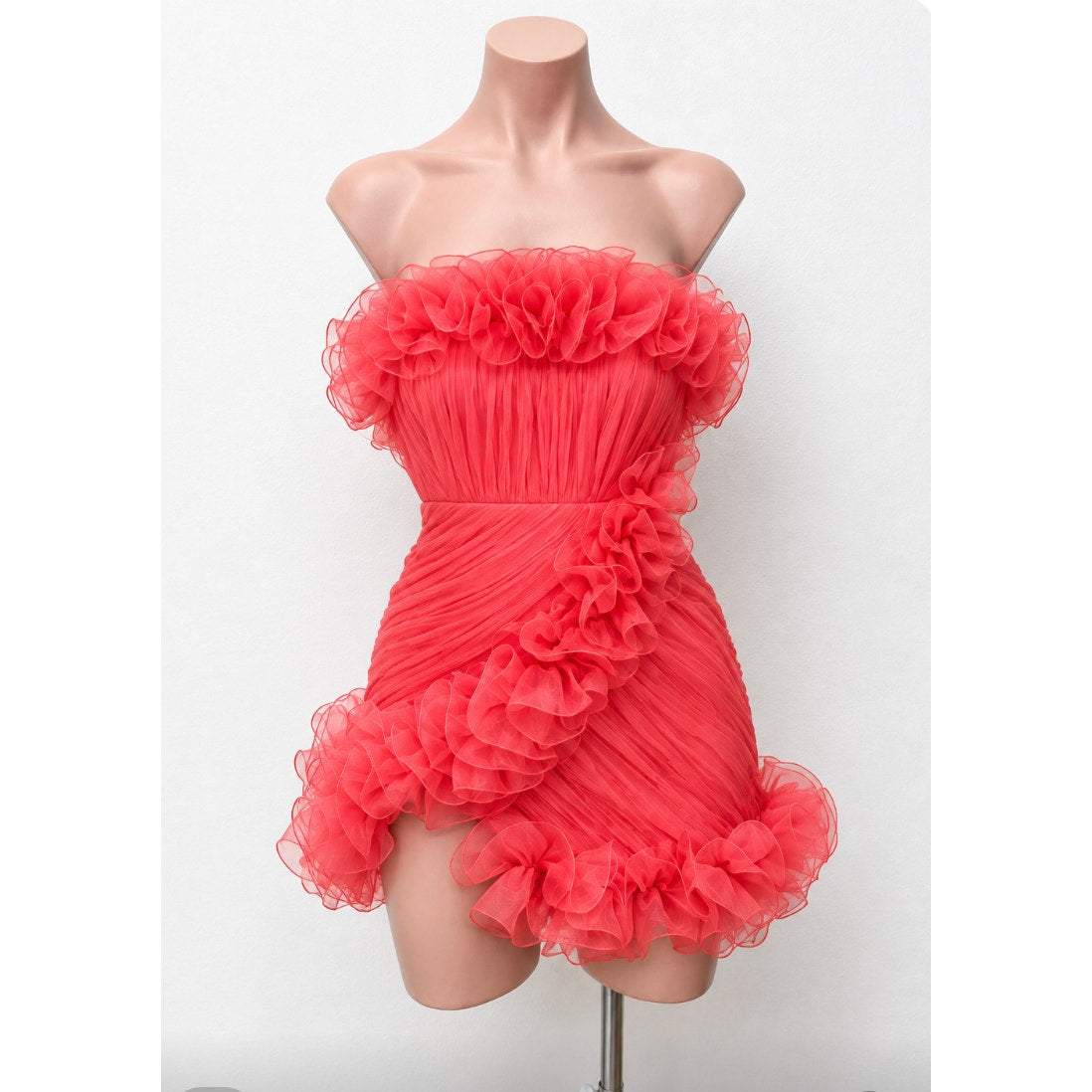 ASOS Design Red Bodycon Ruffle Mesh Bandeau Neck Strapless Mini Dress 4