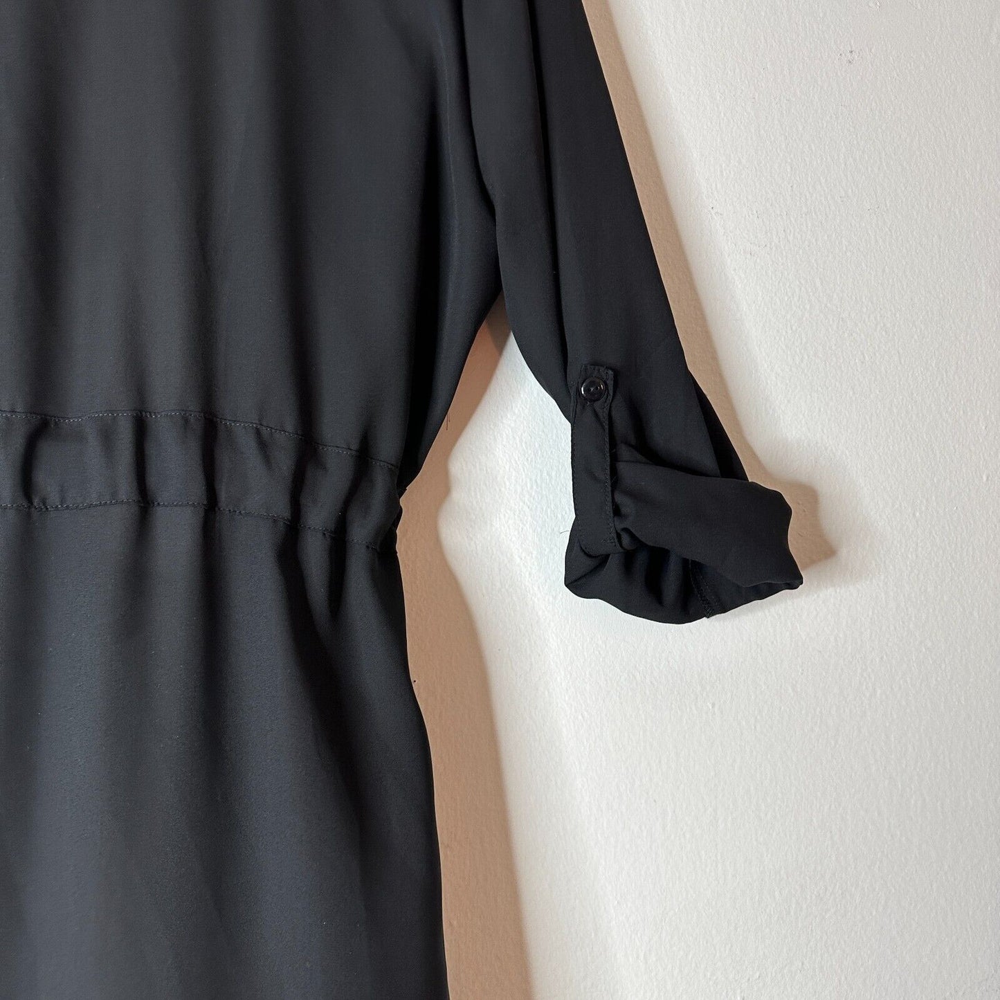 ReVamped Black Flowy Roll Tab Sleeve Tie Waist Waterfall Neck Wrap Dress Small