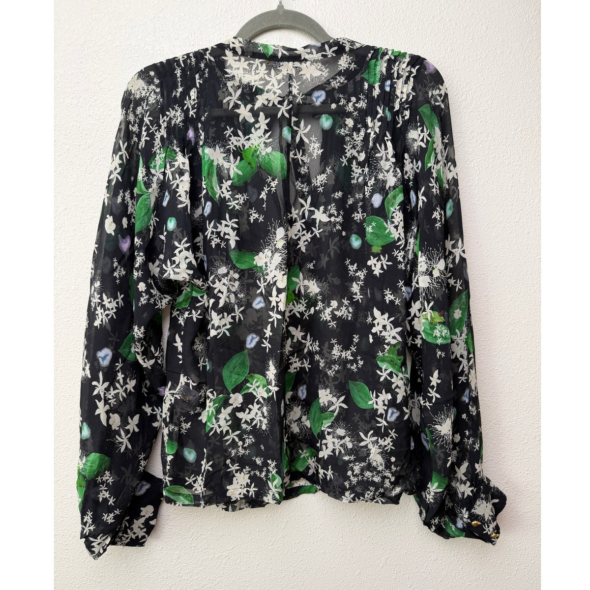 Isolda Silk Floral Tie Neck Sheer Blouse Black Green Women's US M