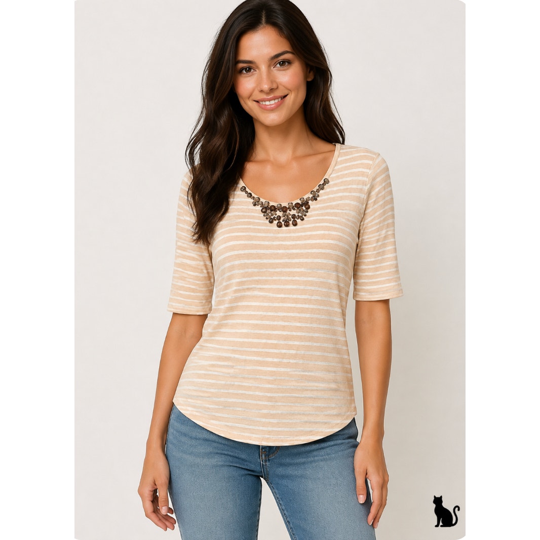 J Crew Jeweled Gem Stone Round Neck Peach and White Striped Painter Tee XS