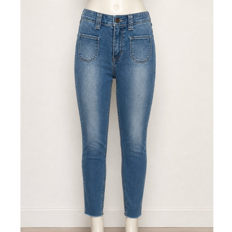 Hollister Medium Wash Crop Patch Pocket Hi-Rise Denim Skinny Jean Raw Hem 23 00