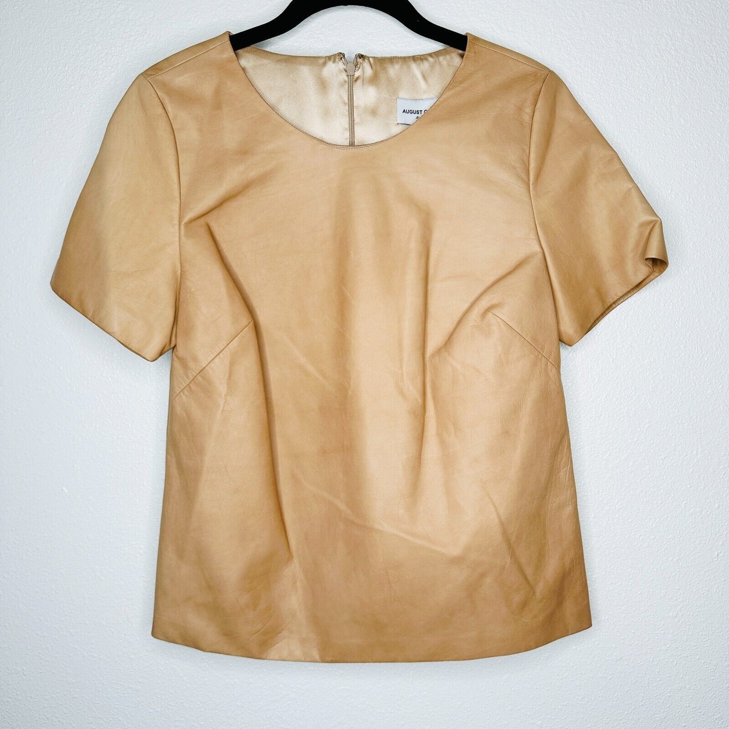 RARE August Getty Tan Leather Short Sleeve Round Neck Back Zip Silk Lining Top 4