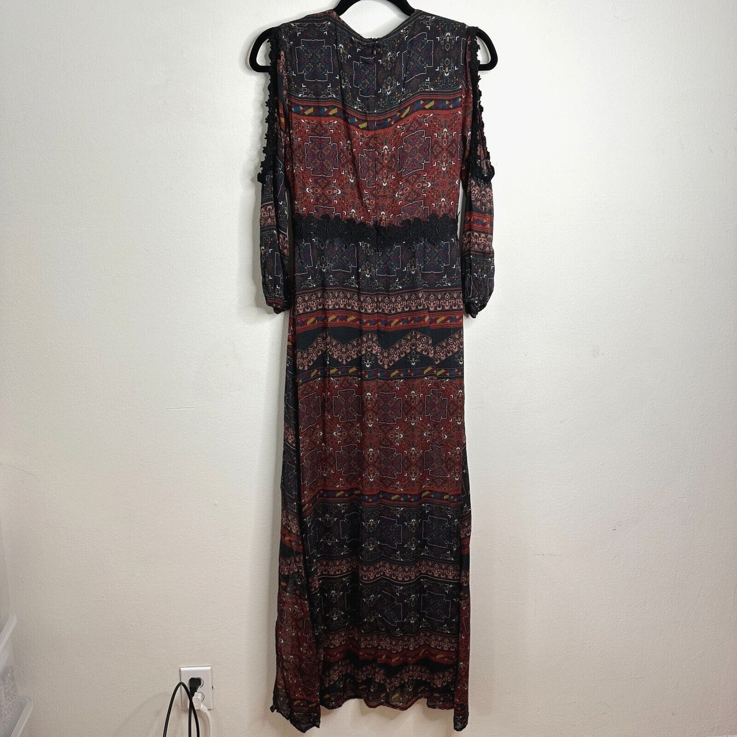 Line & Dot Black Rust Aztec Lace Trim Slit Maxi Cold Shoulder Long Sleeve M