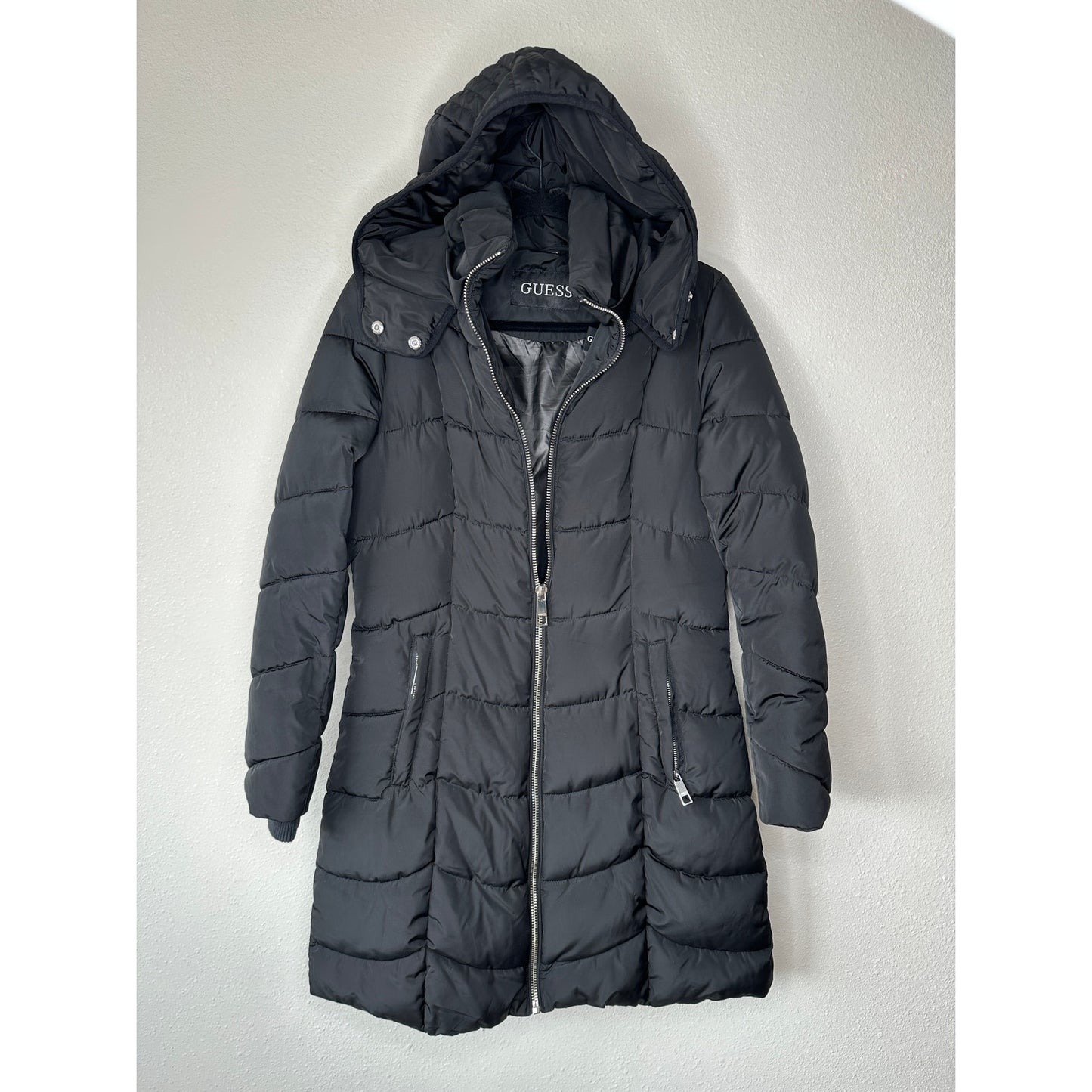 Guess Black Long Line Front Zip Hooded Puffer Jacket S