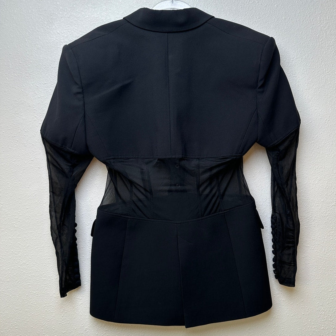 Mugler Black Corseted Blazer Sheer Mesh Sleeves Waist US 8