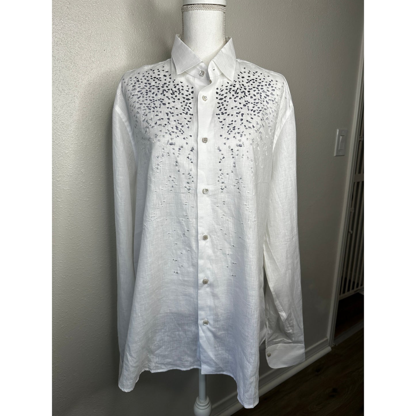 100% Capri Off White Dusty Blue Embroidered Pebble Rock Button Down Shirt XXL