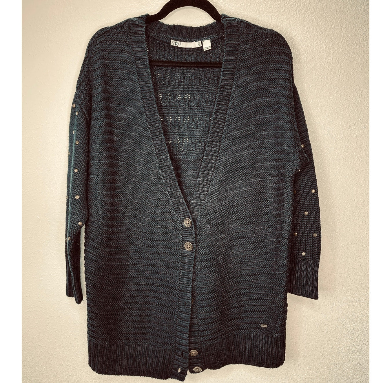 Volcom Black Cardigan Gold Studded Sleeves Gold Buttons