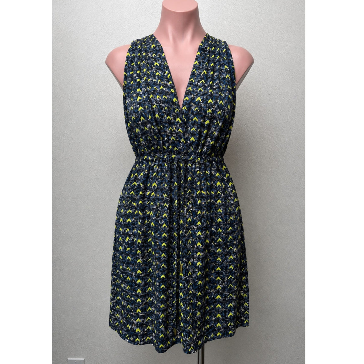 Aqua Florescent Yellow Blue Gray Print Faux Wrap Dress XS