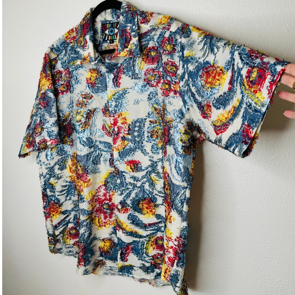 Libertine Cream Red Blue Gold Metallic Embroidered Button Down Short Sleeve Shirt L