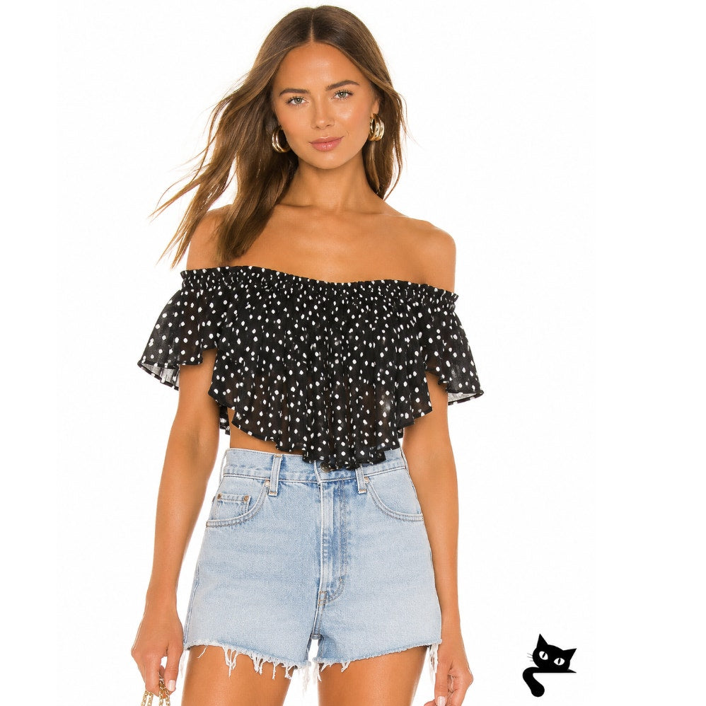 Revolve NBD Cute Black & White Polka Dot Off-Shoulder Ruffled Crop Top Blouse L
