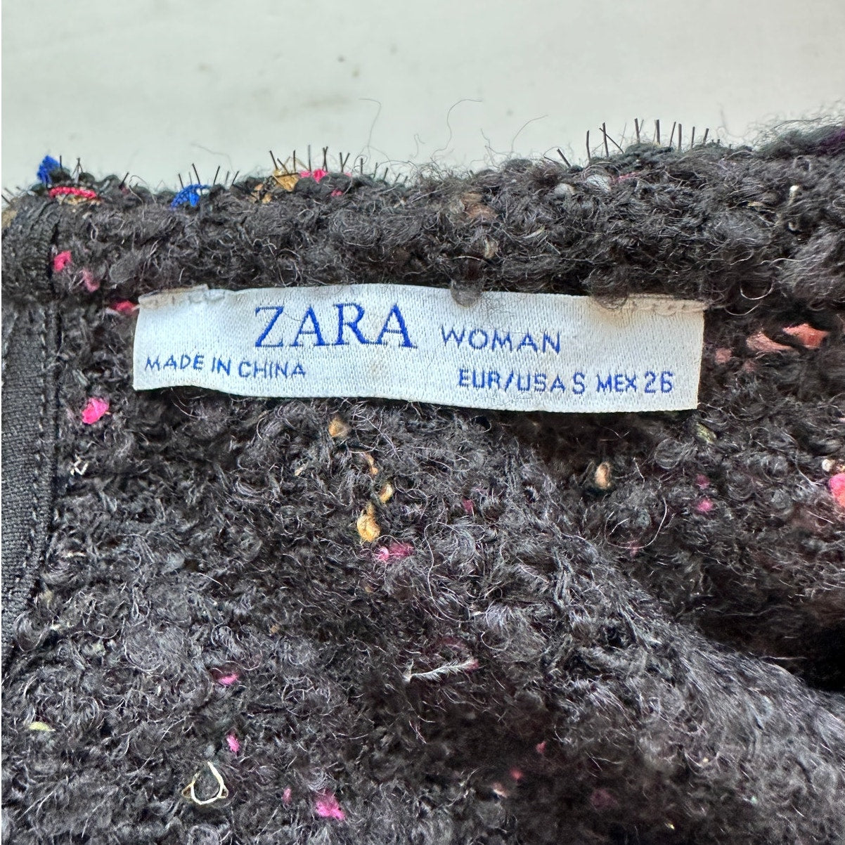 Zara Black Multicolor Boucle Knit Sweater with Pearl Detail on Sleeves Top S